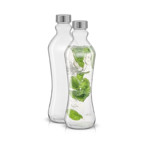 JoyJolt 32oz Glass Water Bottle Set – 2pk, Clear Glass with Stainless Lids, Leakproof