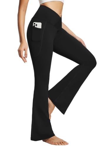 Baleaf Women's V Crossover Flare Leggings with Pockets, 29" Inseam, Medium Black, High Waist Yoga Pants