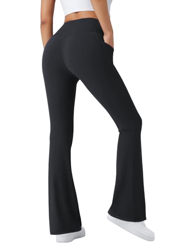 High Waist Bootcut Yoga Pants with Pockets - Medium Black