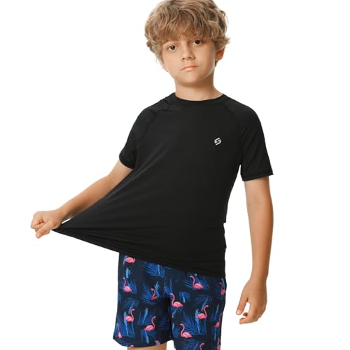 HODOSPORTS Boys UPF 50+ Short & Long Sleeve Rash Guard Swim Shirt - Black, Age 14-16