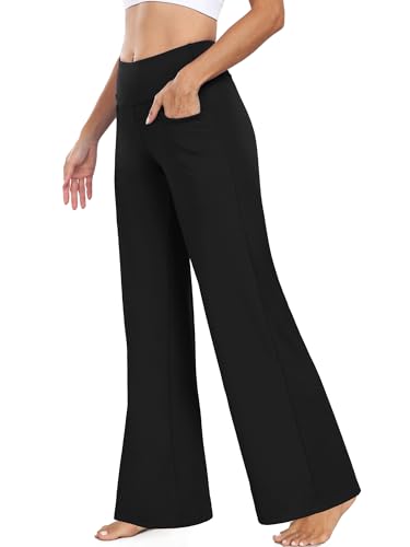 CADMUS High Waist Yoga Pants Women - Wide Leg with Pockets, 31" Inseam, Medium, Black