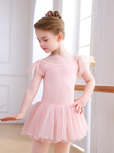 Mecceos Toddler Ballet Leotard for Girls - 4-5T Pink Flutter Wing Sleeve Tutu Skirted Dance Dress
