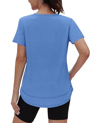 XIEERDUO Women’s UPF 50+ Quick Dry Short Sleeve Hiking & Running Top, V-Neck, Blue, XL