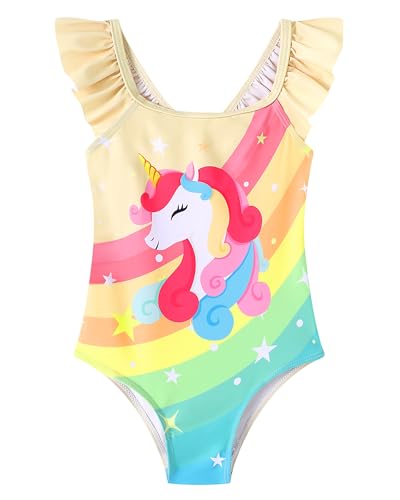 Toddler Girls One-Piece Swimsuit - Ruffle Strap, Rainbow Unicorn, 7-8 Years