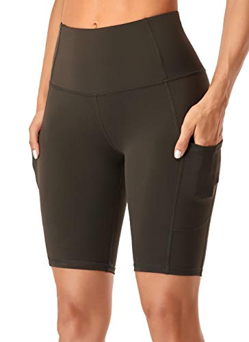 Women's Dark Olive Yoga Shorts with Side Pockets - Medium
