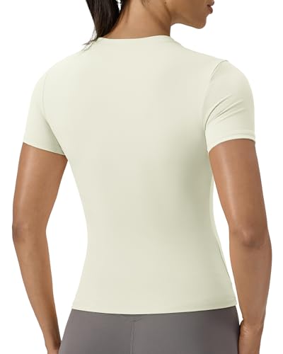 Slim Fitted Workout Tops for Women - Compression Tee - Almond White, XX-Large