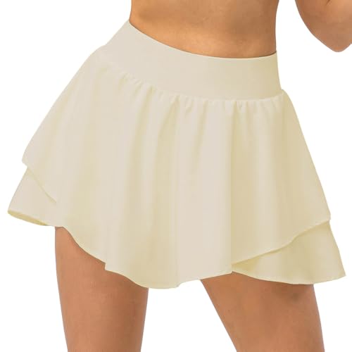 Pleated Tennis Skirt with Shorts & Pockets - Light Cream, Small