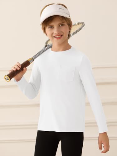 Boys Athletic Long Sleeve Shirt - Dry Fit Performance Tee with Pocket, White, 13-14 Years