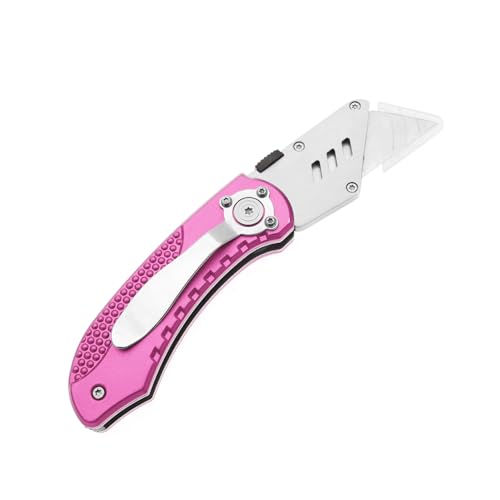 Utility Knife Folding Safety Lock & Quick Change with 10 Extra SK5 Replacement Blade Lightweight Aluminum Handle & Pocket Clip Multi-Use Box Cutter Office Home Art Diy Great Gift Choice (Pink)