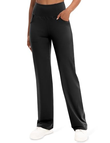 VOOVEEYA 29" Inseam Yoga Pants for Women with Pockets, Tummy Control, Straight Leg Black