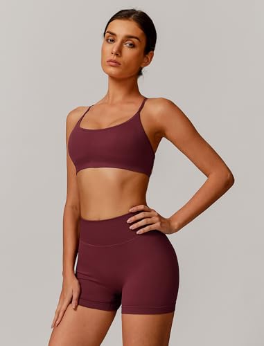 ABOCIW Women's Seamless Workout Sets Backless Sports Bra Scrunch Butt High Waist Gym Shorts 2 Piece Outfit - Wide Red / Small
