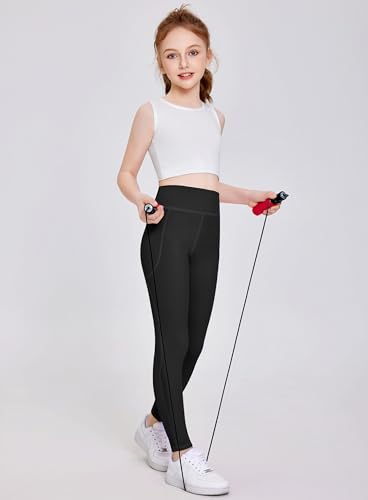 Arshiner Girls High Waist Yoga Leggings with Pockets - Black, Ages 13-14