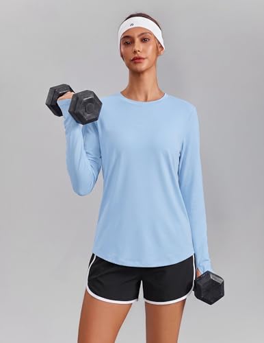 PINSPARK Women's Workout Top with Thumb Hole - Light Blue, Small, UPF 50+ Activewear