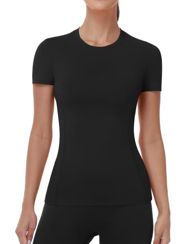 Runhit Women’s Short Sleeve Compression Gym Shirt, Black, Small, Moisture-Wicking UPF50+