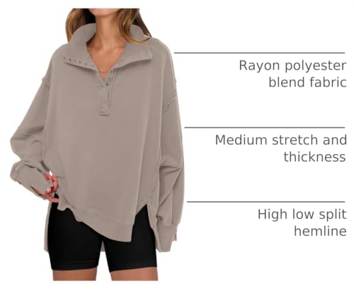 Oversized Henley Sweatshirt for Women - Khaki, Medium
