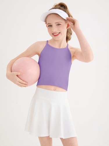 Girls Athletic Crop Top - Ribbed Cross Back Camisole, Purple 7-8 Years