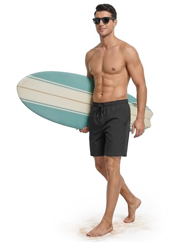Quick-Dry Men's Swim Trunks - Mesh Liner, 7" Inseam, Black, Large
