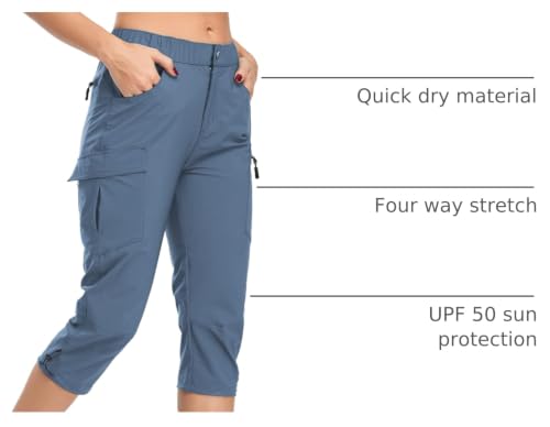 GymBrave Women's Medium Stone Blue Quick Dry Cargo Pants with Zipper Pockets - Water Resistant UPF 50 Outdoor Hiking & Camping Capris