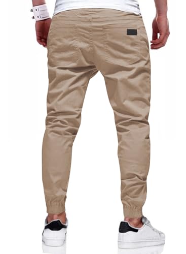 JMIERR Men's Cotton Stretch Joggers - Casual Twill Track Pants, Large, Soft Khaki