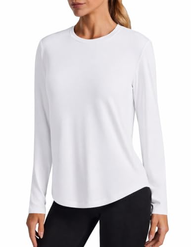 PINSPARK Women's Long Sleeve Athletic Workout Top - White, Large, Slightly Sheer