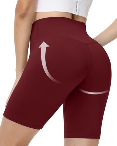 High Waisted Biker Shorts for Women - 8-Inch Inseam, Wine Red