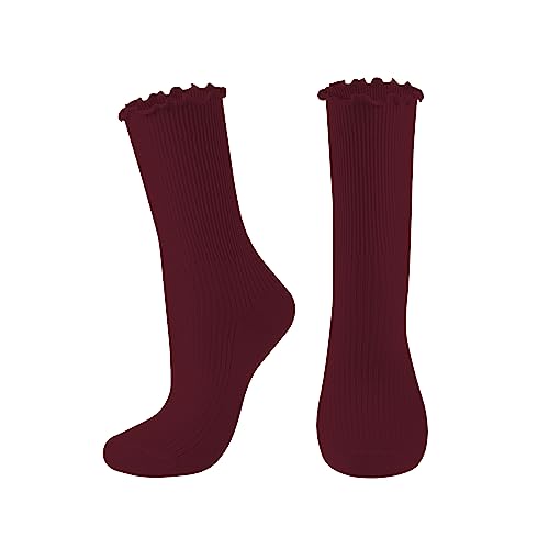 Women's Cotton Crew Socks with Ruffle Turn-Cuff - Wine Red
