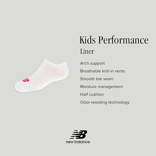 New Balance Kids' Cushioned Performance Liner Socks 8 Pairs - Large White (Pink/Teal Logo)