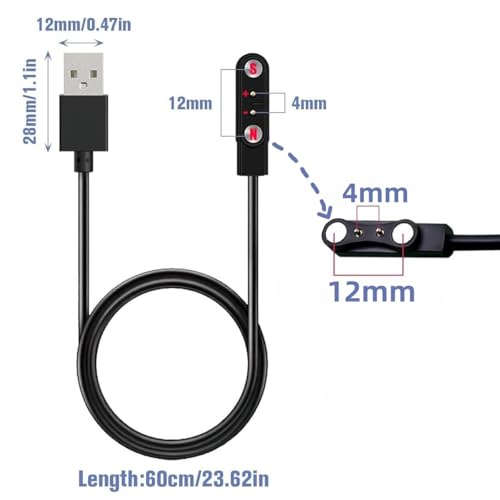 Smart Watch Charger Cable - 2 Pin USB Cord, 4mm Contact