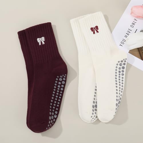 Cute Pilates Socks with Grips - Bow Ruffle Anti-Slip Socks - 4 Pairs