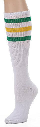 Knee High Tube Socks - Over the Calf Retro Socks - One Size White/Green/Yellow