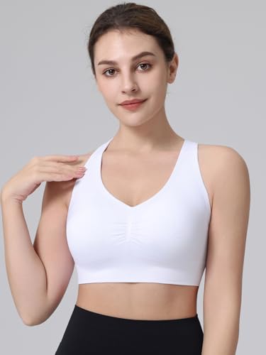 BYAWAY Medium White Ruched Sports Bra for Women - Racerback V-Neck Padded Seamless Longline