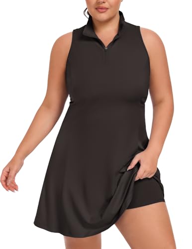 LEYSHE Women's Plus Size Sleeveless Tennis Dress 1/4 Zip UPF 50+ Summer Floral Black 3X-Large
