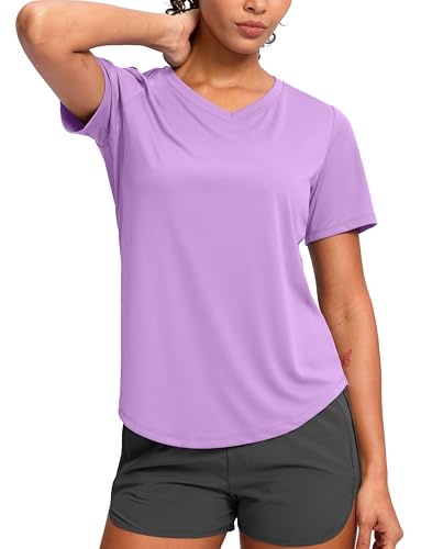 Women's Large Light Purple V-Neck Workout Sun Shirt - Dry Fit Active Top