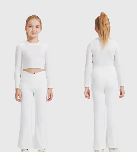 Girls Flare Leggings - Seamless Ribbed Yoga Pants with Cross High Waist - White, 13-14 Years
