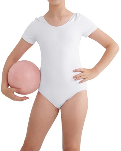 Girls' Gymnastics Leotard Bodysuit - Short Sleeve, White, 8 Years