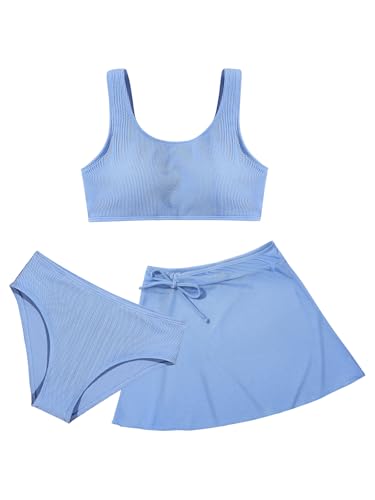Girls Ribbed 2-Piece Swimsuit with Skirt - Gray Blue / 11-12 Years