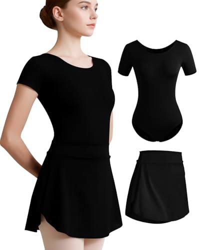 WYHDY Women Short Sleeve Ballet Leotard with Pull-On Skirt - Small Black