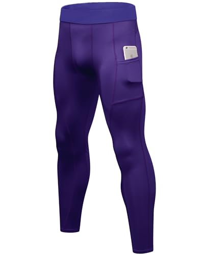 Men's Compression Pants - Cool Dry Leggings with Phone Pocket - X-Large Purple