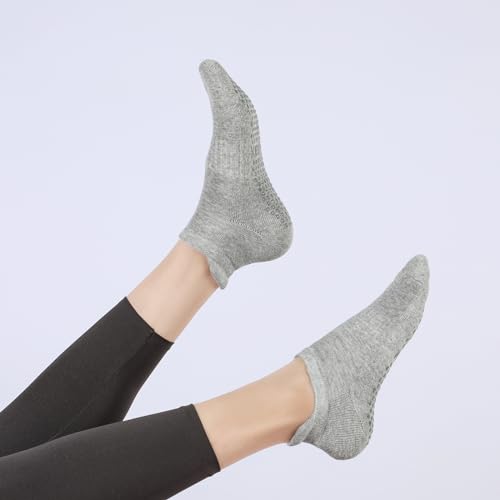 Non-Slip Pilates Socks with Grips - Cotton Yoga Barre Socks - Grey/Black/Pink