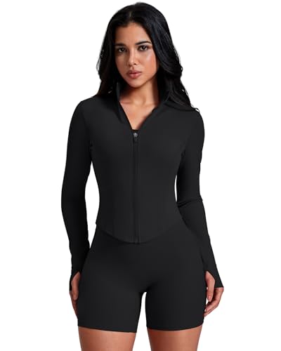 Lightweight Women's Workout Jacket Zip Up Crop Top - Medium Black