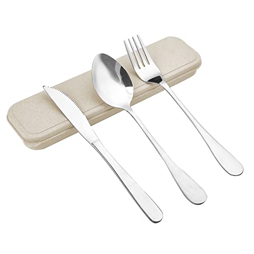 Portable Travel Silverware Set - Reusable Utensils with Case - Beige