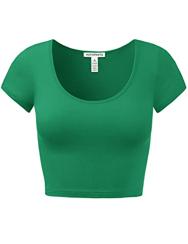 Cotton Crop Top for Women - Short Sleeve Scoop Neck - Small Kelly Green