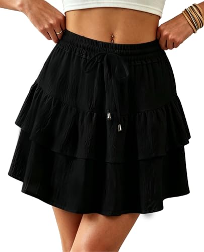 Large Black Ruffled Tiered Flowy Skorts for Women High Waist Flared Mini Skirt