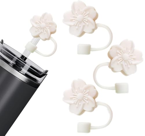 Rokhevn White Flower Silicone Straw Cover for Stanley 30Oz & 40Oz Tumblers, 9-10mm Diameter, Dust-Proof & Splash-Proof