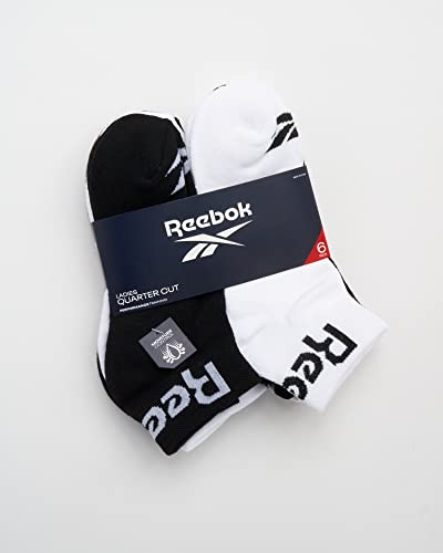 Reebok Women’s Quarter Socks 6-Pack - Black/White, Moisture-Wicking Cushioned Ankle