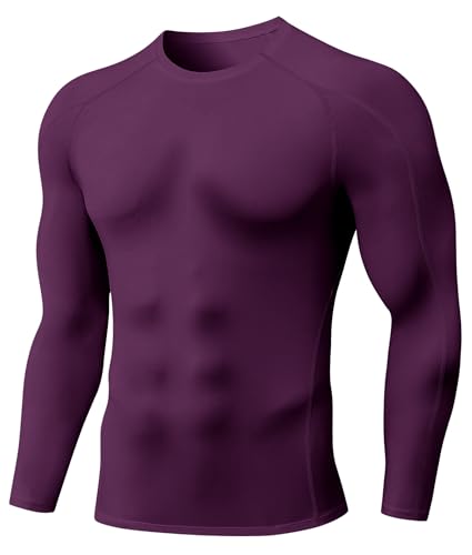 Men's Long Sleeve Compression Shirt - Cool Dry Athletic Top - Wine Red, X-Large