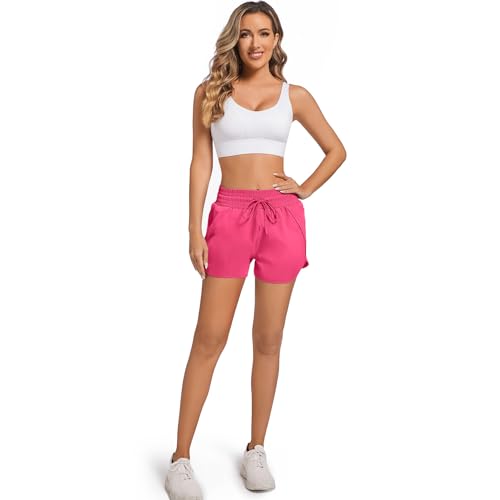 High Waisted Running Shorts for Women - Quick Dry, Liner, Zipper Pocket, X-Small/Rose Red