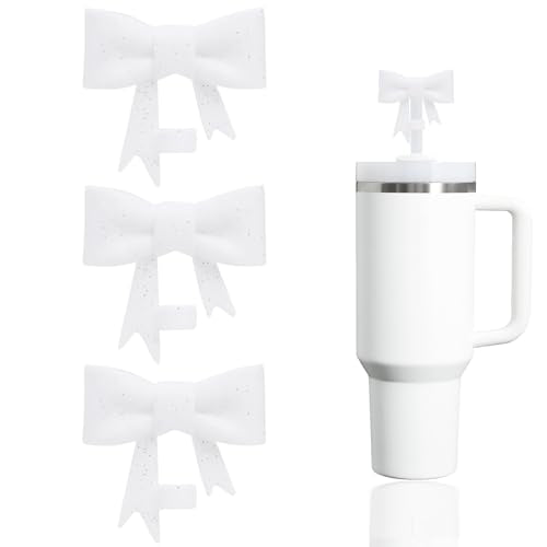 Glitter White Bow Straw Covers for 30 & 40 oz Tumblers - 3 Pcs Set