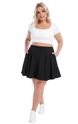 SEKINO Women's Plus Size Black Stretch Flared Pleated Skirt with Pockets 3X