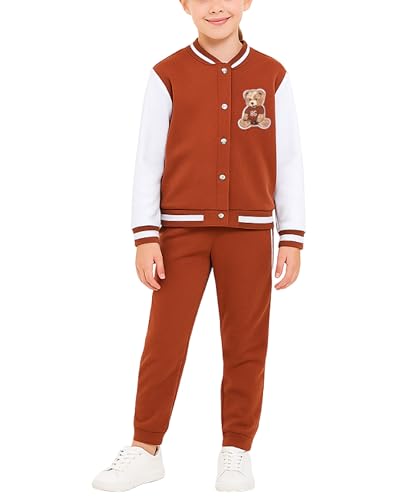 Girls Sweatpants Set - 2 Piece Fleece Varsity Jacket & Pants - Brown/White Bear / 7-8